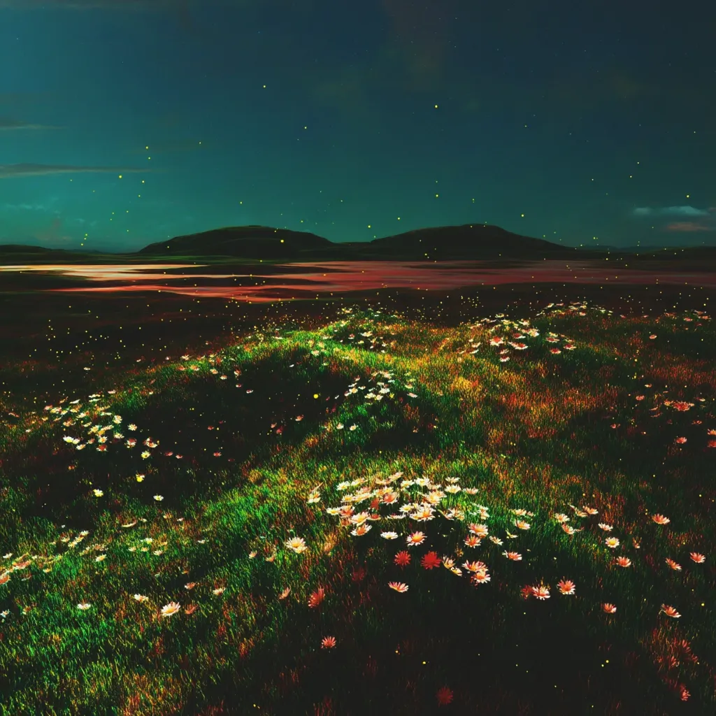 A serene night scene unfolds in a field of wildflowers under a dark teal sky speckled with fireflies.  The soft glow of the insects illuminates the delicate blooms scattered across the gently rolling landscape.  Distant, dark hills form a dramatic backdrop, enhancing the peaceful, dreamlike atmosphere. The overall palette is a rich mix of greens, oranges, and deep blues.