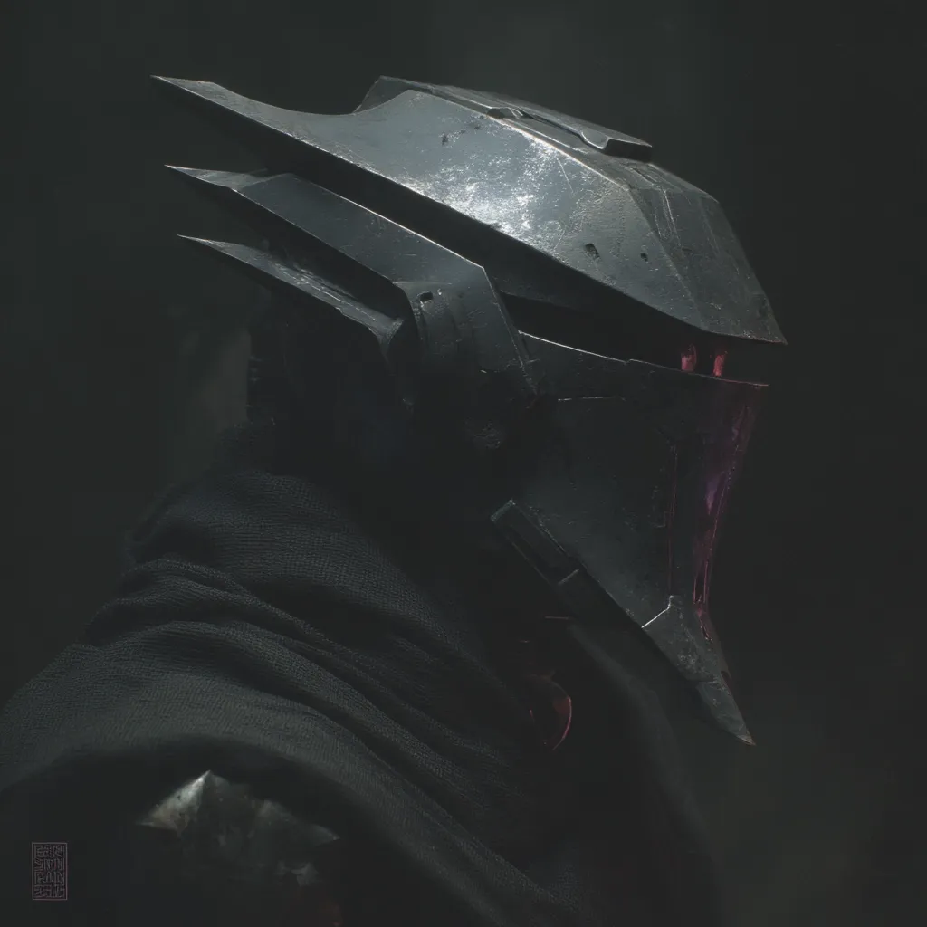 A dark, shadowy figure is depicted, clad in a hooded cloak and a futuristic, angular helmet.  The helmet's metallic surface shows signs of wear and battle, with sharp edges and a hint of purplish light visible within the visor. The overall mood is somber and mysterious, emphasizing the figure's concealed identity and potentially aggressive nature.  The image's contrast and dark tones create a sense of foreboding.