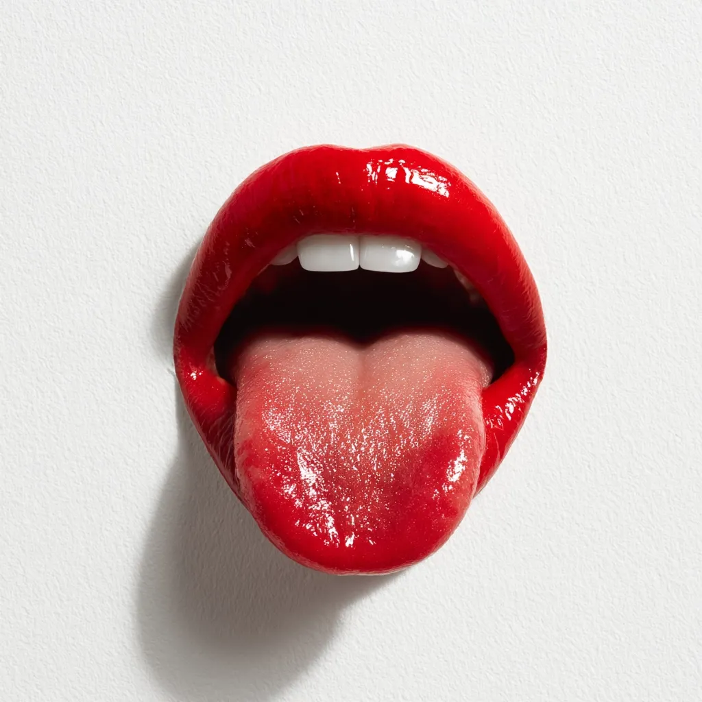 A close-up shot reveals a pair of full lips painted a vibrant red, glossy and slightly parted.  The tongue, also coated in a matching red sheen, protrudes slightly.  The image is stark against a plain white background, creating a bold and striking visual. The teeth are visible, adding to the overall impact.