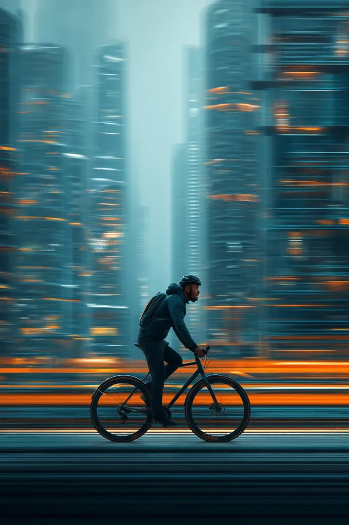 A cyclist speeds through a city, the background blurred with motion.  Tall buildings rush past in a teal and orange streak, emphasizing the cyclist's swift movement.  The rider, wearing a dark jacket and helmet, is focused on the road ahead, his bike a dark silhouette against the vibrant cityscape. The image evokes a sense of energy and urban dynamism.