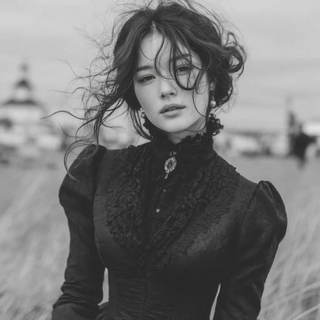 A young woman with windblown dark hair wears a Victorian-style black dress adorned with lace.  The monochrome image emphasizes her expressive features and the intricate detailing of her clothing.  She stands in a field, a blurred cityscape in the background, creating a melancholic and romantic atmosphere.  Her gaze is direct, yet pensive.