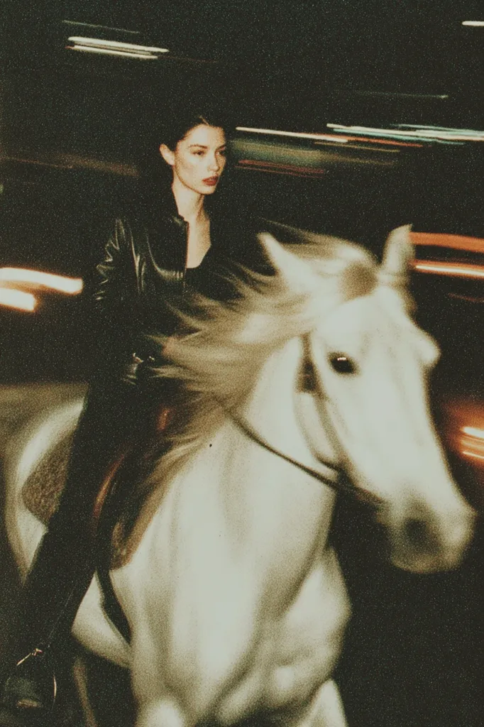 A woman in a black leather jacket sits astride a white horse.  The scene is blurred, suggesting motion, with streaks of light from passing vehicles indicating a nighttime setting. The overall mood is dark, mysterious, and somewhat cinematic. The woman's expression is serious, and the horse's mane flows in the implied wind.