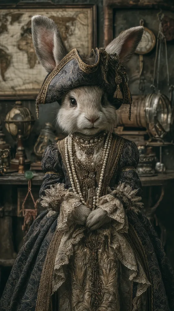A rabbit, dressed in an elaborate 18th-century gown and a tricorn hat, sits for a portrait.  The rabbit wears a long, dark dress with gold embroidery and a pearl necklace.  The background features a world map, antique objects, and a dark, moody atmosphere, enhancing the regal and slightly mysterious feel of the image.