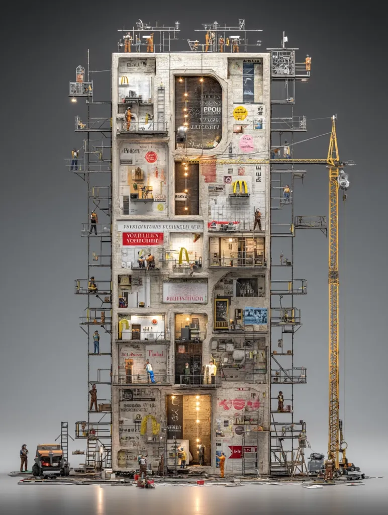 A meticulously detailed miniature diorama depicts a multi-story building under construction.  The structure is a layered collage of urban textures, advertisements, and tiny human figures engaged in various activities.  Scaffolding surrounds the building, and a crane stands nearby, enhancing the construction site atmosphere.  The overall effect is a captivating blend of architecture, urban life, and artistic miniature craftsmanship.