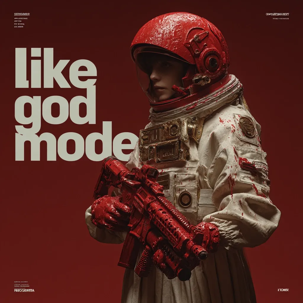 A striking image depicts an astronaut in a blood-red-splattered spacesuit, holding a similarly stained assault rifle.  The stark red backdrop contrasts with the off-white suit, creating a dramatic visual.  Large text proclaims "Like god mode," suggesting a theme of power and invincibility.  The overall mood is intense and unsettling, blending science fiction with a violent aesthetic.
