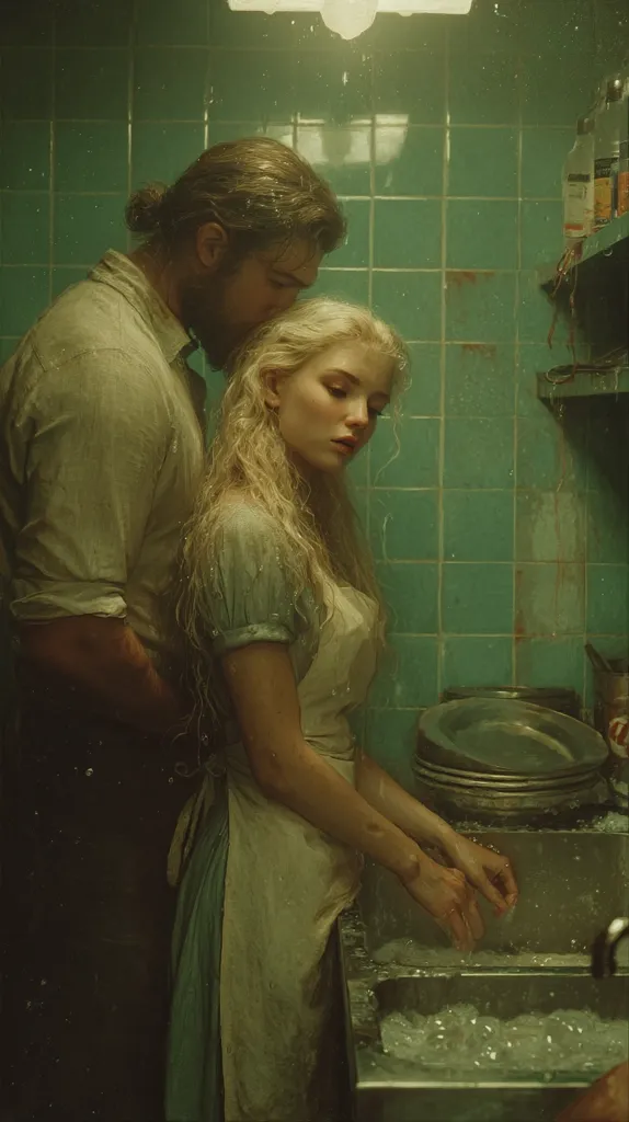 A man gently kisses a woman's head as she washes dishes in a dimly lit, green-tiled kitchen.  Water droplets cling to their hair and clothes.  She wears a light-colored apron over a teal dress.  The scene is intimate and evokes a sense of quiet domesticity within a somewhat rundown setting.  Bottles and shelves are visible on a nearby wall.