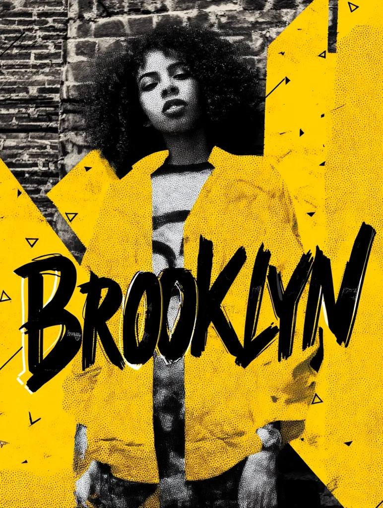 A stylized portrait of a young Black woman with an afro wearing a bright yellow jacket. The word "Brooklyn" is prominently displayed in bold, black, graffiti-style lettering across the image.  The background features a brick wall and geometric shapes in a contrasting monochrome style, creating a vibrant and urban aesthetic. The overall effect is bold, graphic, and energetic.