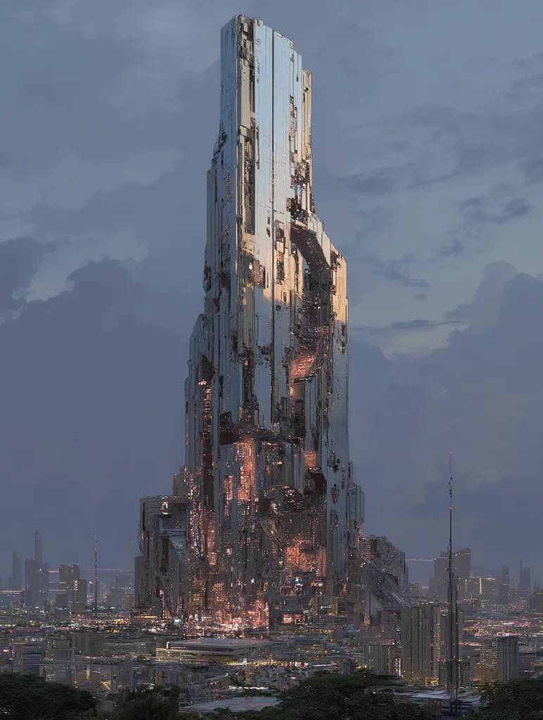 A towering, futuristic skyscraper dominates the cityscape at dusk.  Its fragmented, metallic structure glows with internal light, creating a dramatic contrast against the darkening sky.  The building appears organically layered and complex, unlike conventional architecture.  Smaller buildings and city lights stretch out in the foreground and background, emphasizing the colossal scale of the central structure.  The overall mood is one of awe-inspiring technological advancement.
