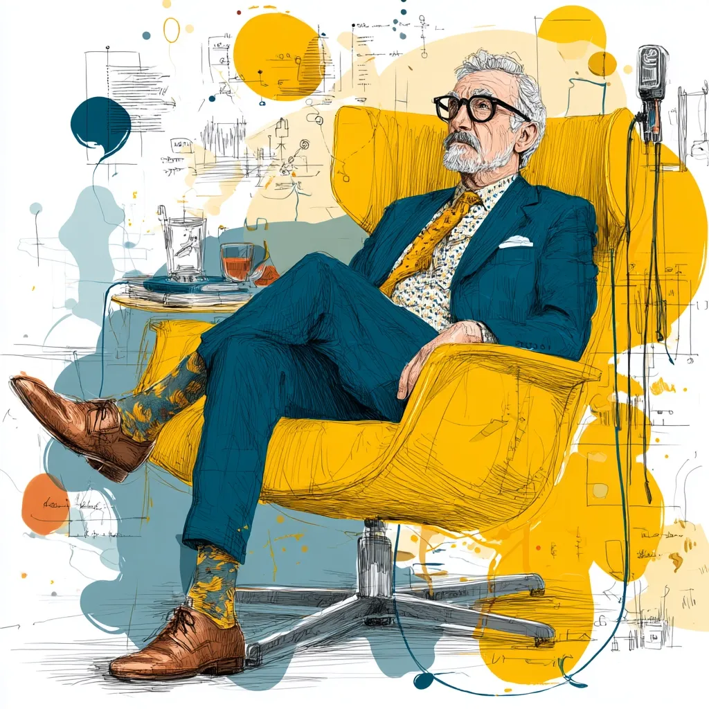 An illustration depicts an older man with a beard and glasses, stylishly dressed in a teal suit and patterned socks, relaxing in a vibrant yellow armchair.  He holds a contemplative pose, a drink sits on a nearby side table, and the background features abstract sketches suggesting design or engineering concepts, possibly hinting at his profession.  A microphone is subtly present, suggesting a recording or interview setting. The overall style is a blend of sketch and digital art.