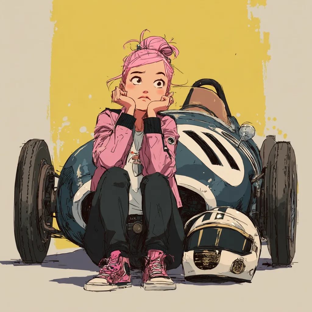 A stylized illustration depicts a young woman with pink hair, seated pensively beside a vintage racing car.  She rests her chin on her hands, wearing a pink jacket and pink sneakers.  A racing helmet sits beside her, adding to the motorsports theme. The style is reminiscent of graphic novels or comic book art, with bold lines and a vibrant color palette. The background is a muted yellow.