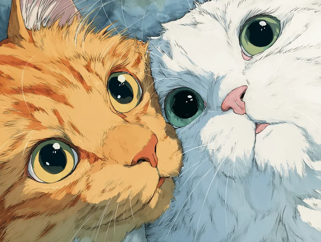 Close-up illustration of two cats nestled together.  One is a vibrant orange tabby with large, expressive yellow-green eyes. The other is a fluffy white Persian cat with striking green eyes.  Both cats gaze toward the viewer, their fur rendered with detailed strokes, showcasing a soft, painterly style.  The overall mood is serene and affectionate.