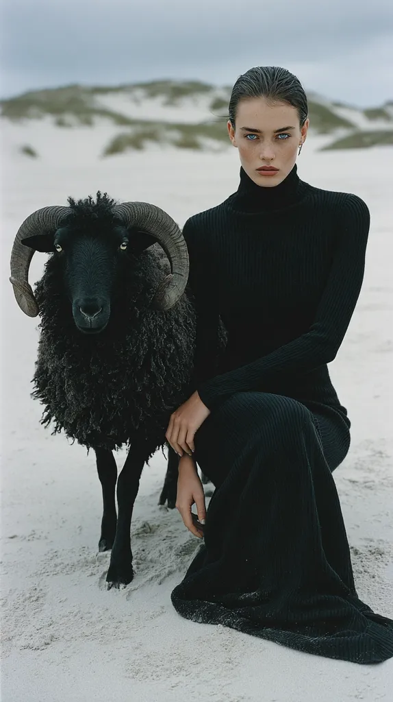 A woman in a black turtleneck dress kneels on a sandy beach beside a black sheep.  The sheep has large, curved horns. The woman's expression is serious, her gaze directed at the viewer.  The monochromatic color scheme and stark landscape create a dramatic and slightly melancholic mood. The overall image is striking and evocative.