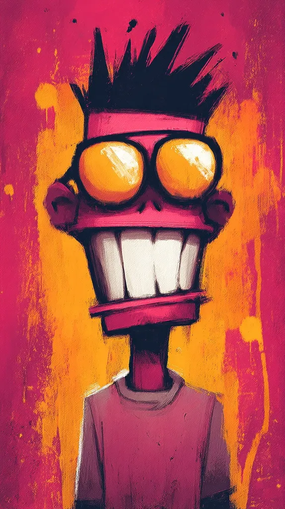 A stylized portrait of a cartoon character with spiky hair, oversized orange sunglasses, and a wide, toothy grin. The character's skin is a vibrant pink, and they are wearing a simple pink t-shirt. The background is a textured blend of orange and pink, with visible brushstrokes. The overall style is bold and expressive, reminiscent of graffiti art or graphic novel illustrations. The character's expression is joyful and playful.