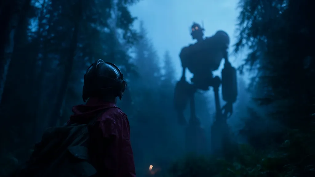 A lone figure, clad in a red jacket and helmet, stands in a dimly lit forest, their back to the viewer.  A colossal, shadowy robot looms in the background, its presence filling the misty atmosphere. The scene is dark and mysterious, evoking a sense of awe and perhaps apprehension.  A small light flickers in the distance.