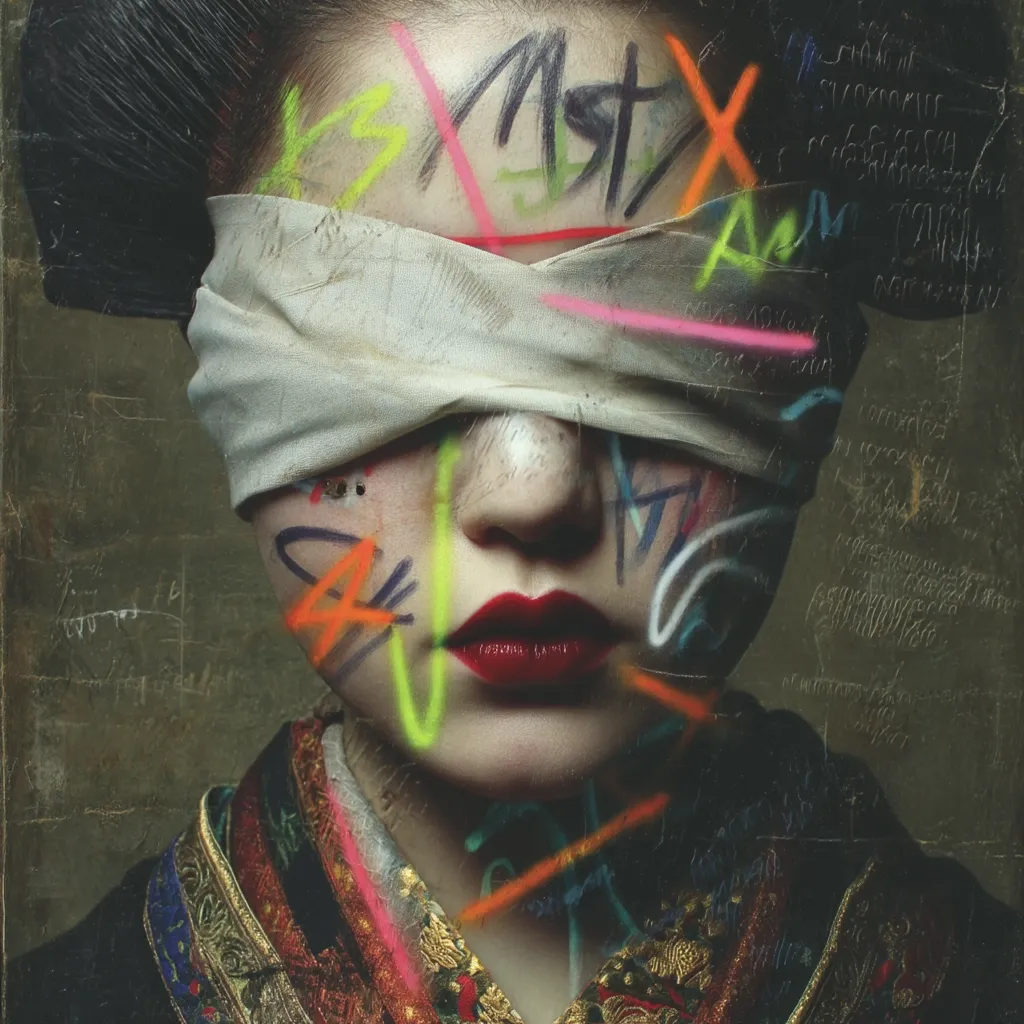 A close-up portrait of a woman with a blindfold, her face adorned with vibrant graffiti-style markings.  The background is a textured, aged surface with indistinct writing.  Her dark hair is styled in an updo, and she wears an ornate, dark-colored garment. The image blends traditional portraiture with contemporary street art aesthetics, creating a striking visual contrast.  The overall mood is mysterious and thought-provoking.