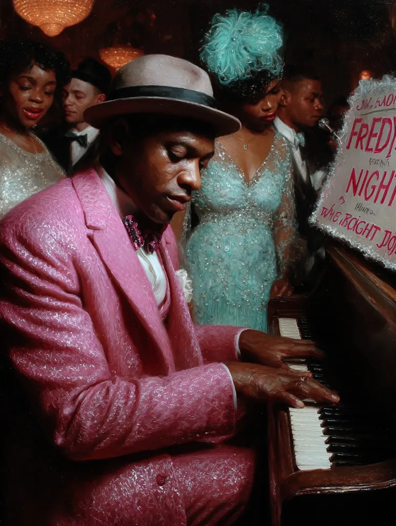 A stylishly dressed man in a pink suit and fedora plays the piano at a dimly lit club.  Women in elegant dresses and men in suits surround him. A sign advertises "Freddy's Night." The scene evokes a vibrant, atmospheric jazz club in the mid-20th century. The painting's rich colors and textures create a sense of movement and energy.