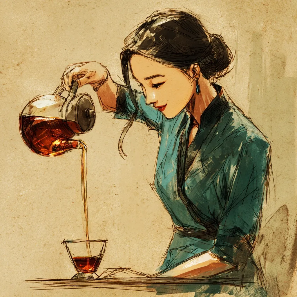 An illustration depicts a young woman with dark hair pulled back in a bun, wearing a teal-colored dress. She's gracefully pouring tea from a glass teapot into a small glass. The style is reminiscent of vintage artwork, with a soft, textured background and loose brushstrokes that capture a sense of movement and elegance.  The scene is serene and suggests a moment of quiet contemplation.