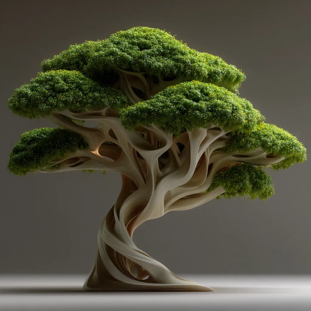 A digitally rendered image showcases a stylized tree. Its trunk is a mesmerizing swirl of light beige, intricately woven strands, contrasting with the lush green canopy above. The leaves are densely packed, creating full, rounded crowns. The overall effect is a surreal, almost sculptural representation of nature, blending organic forms with abstract design elements.  The tree stands alone against a muted gray background, highlighting its unique structure.