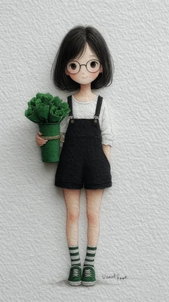 A charming illustration depicts a young girl with short black hair and glasses, wearing black overalls and green striped socks with matching shoes. She holds a bouquet of green flowers in a green vase.  The style is reminiscent of  a delicate, hand-drawn artwork, with soft shading and a calm, peaceful overall mood. The background is a simple, textured off-white.