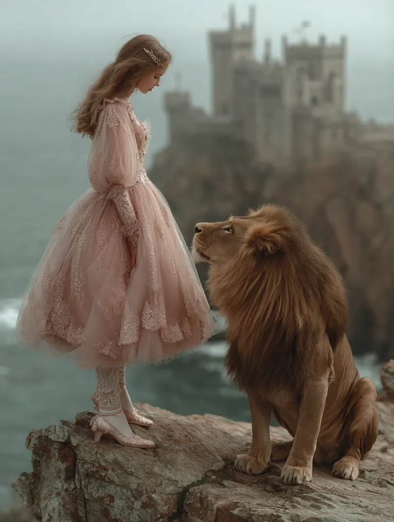 A young woman in a pale pink, lace-adorned gown stands on a rocky outcrop overlooking a majestic castle.  Beside her sits a large, regal lion, its gaze directed towards her.  The scene evokes a fairytale atmosphere, with the muted colors and dramatic setting enhancing the magical feel. The woman and lion appear to share a moment of peaceful understanding.