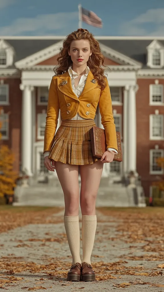 A young woman with long auburn hair stands before a brick school building. She wears a mustard yellow cropped jacket, a pleated plaid mini skirt, cream socks, and brown oxfords.  She carries a vintage-looking book.  Autumn leaves scatter the ground. The scene evokes a classic, preppy aesthetic.