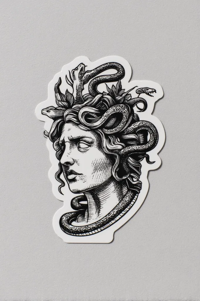 A black and white sticker depicts Medusa, the Gorgon of Greek mythology.  Her face is rendered in a detailed, almost engraved style, surrounded by intricately drawn snakes forming a crown and necklace. The snakes are realistically detailed, with scales and texture clearly visible.  The overall aesthetic is dark, dramatic, and artistic.