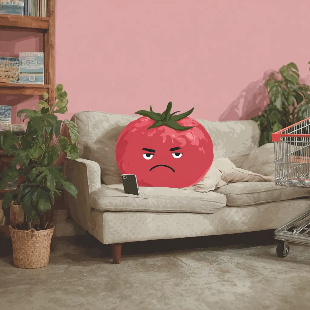 A large, anthropomorphic tomato with a grumpy expression rests on a light beige couch. A smartphone lies beside it.  A shopping cart is partially visible in the background, near a potted plant. The setting is a room with a pink wall and wooden bookshelf. The overall mood is humorous and slightly surreal.