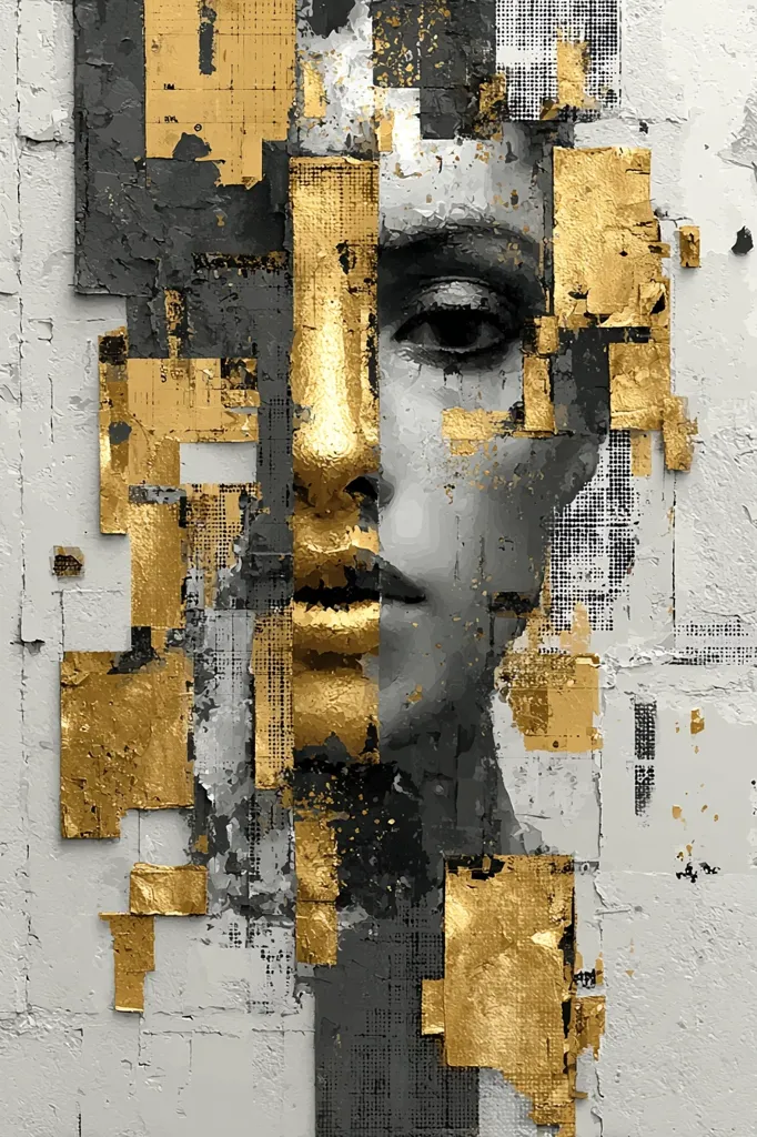 An abstract portrait is rendered in gold leaf and grayscale, fragmented into geometric shapes on a textured white background.  The face, partially obscured, suggests a classical or idealized beauty.  The gold accents emphasize features, creating a luxurious and modern aesthetic. The contrast between the smooth gold and the rough texture adds depth and visual interest.  The style blends cubism with a contemporary, opulent feel.