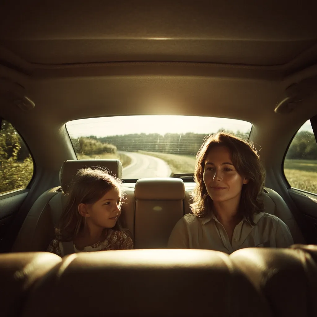 A woman and a young girl sit in the back seats of a car, bathed in the golden light of a setting sun.  The car is traveling along a country road, with fields visible through the windows. The woman looks calmly ahead, while the girl gazes slightly to her side, creating a peaceful and intimate scene of a journey. The warm light enhances the feeling of comfort and togetherness.