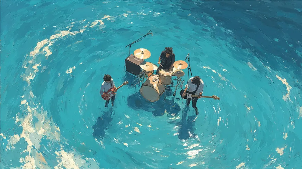 A three-piece band plays in the middle of a calm, turquoise ocean.  The drummer sits behind a full drum kit, while two guitarists flank them, one on each side.  The musicians stand waist-deep in the water, their instruments and shadows visible in the clear water. The scene is serene and surreal, painted with a loose, impressionistic style.