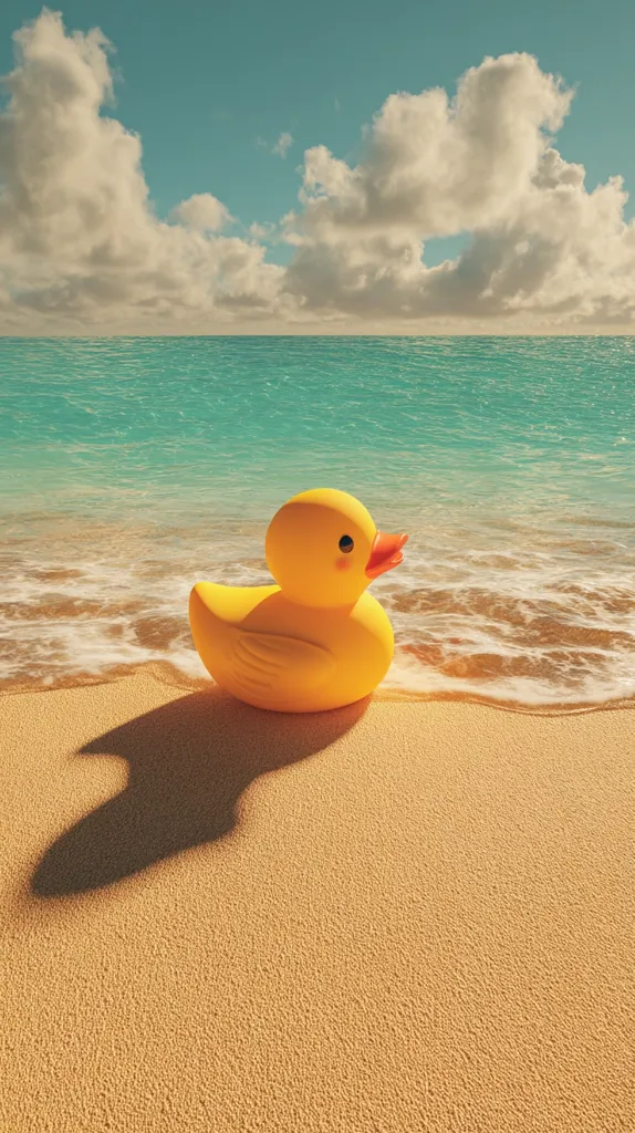 A bright yellow rubber duck sits on a sandy beach near a gentle wave.  The turquoise ocean stretches to a horizon under a partly cloudy sky. The scene evokes a feeling of summer relaxation and carefree fun. The duck casts a shadow on the sand, adding depth to the idyllic beach setting.