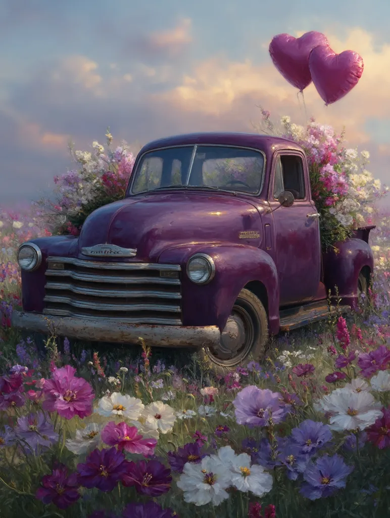 A vintage purple Chevrolet pickup truck sits nestled in a field of wildflowers.  Two heart-shaped balloons float above the truck, which is laden with a bouquet of flowers in its bed.  The soft, pastel colors of the sky and flowers create a romantic and idyllic scene, evoking feelings of nostalgia and serenity. The overall impression is one of gentle beauty and quiet romance.
