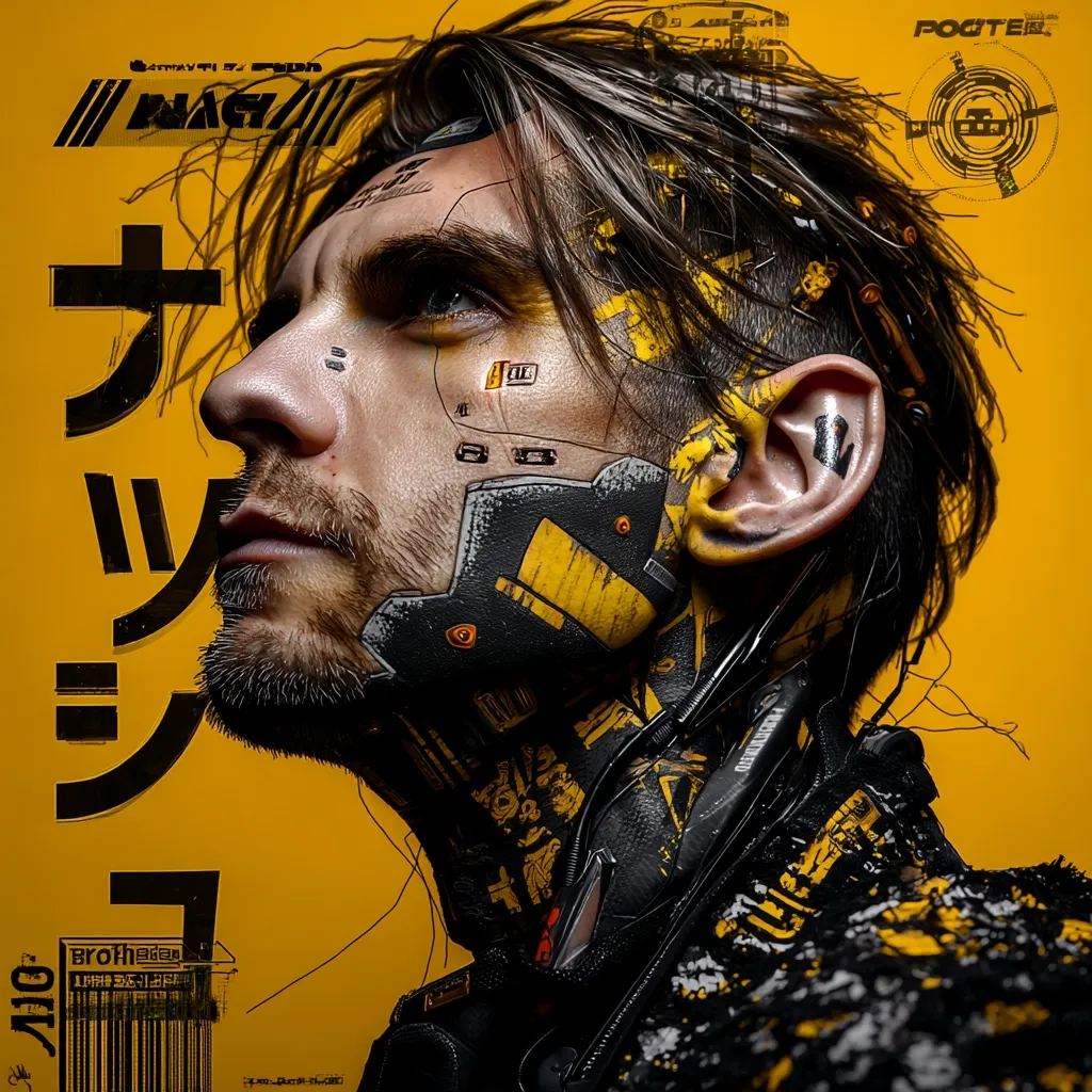 A stylized portrait of a man with cybernetic enhancements.  His face is partially covered in black and yellow mechanical components, wires trailing down his neck. His expression is serious, his gaze directed to the side. The background is a vibrant yellow, with Japanese text and graphic elements, suggesting a cyberpunk or futuristic aesthetic.  The overall style is digital art, highly detailed and dramatic.