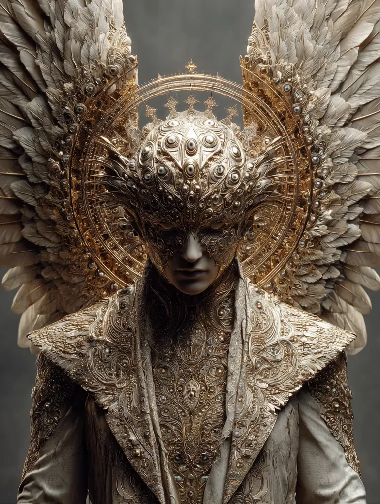 A digital rendering depicts an angelic figure adorned in ornate gold attire.  Large, feathered wings extend from behind, framing a detailed, golden headpiece covering the face, which is intricately designed with numerous small, eye-like embellishments. The clothing is equally elaborate, displaying a rich tapestry of gold detailing. The overall aesthetic is one of ethereal beauty and celestial power.