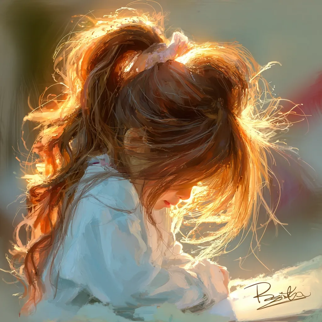 A digital painting depicts a young girl with long, auburn hair pulled back into a ponytail, adorned with a light pink ribbon.  Golden sunlight illuminates her hair, creating a halo effect.  She is wearing a light-colored, loose-fitting shirt and is bent over, seemingly engrossed in something unseen. The style is impressionistic, with visible brushstrokes emphasizing light and texture.