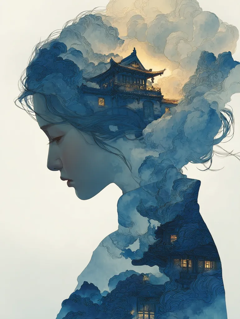 A serene illustration depicts a woman's profile, her hair flowing into a cloud-like formation.  Within this ethereal cloud, a traditional Asian building is subtly revealed, its architecture blending seamlessly with the hazy blue tones. The overall mood is peaceful and contemplative, suggesting a connection between the woman's inner world and the ancient structure. The style is reminiscent of East Asian art, combining realism and fantasy elements.