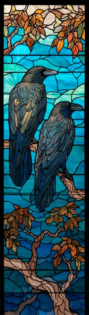 A stunning stained-glass panel depicts two ravens perched on a stylized tree branch against a vibrant turquoise background. The ravens, rendered in shades of blue and grey, are detailed with meticulous attention to their feathers.  Autumnal leaves in warm browns and oranges adorn the branches, contrasting beautifully with the cool blues of the sky and water-like background. The piece showcases a masterful blend of color and form, creating a captivating and artistic representation of nature.