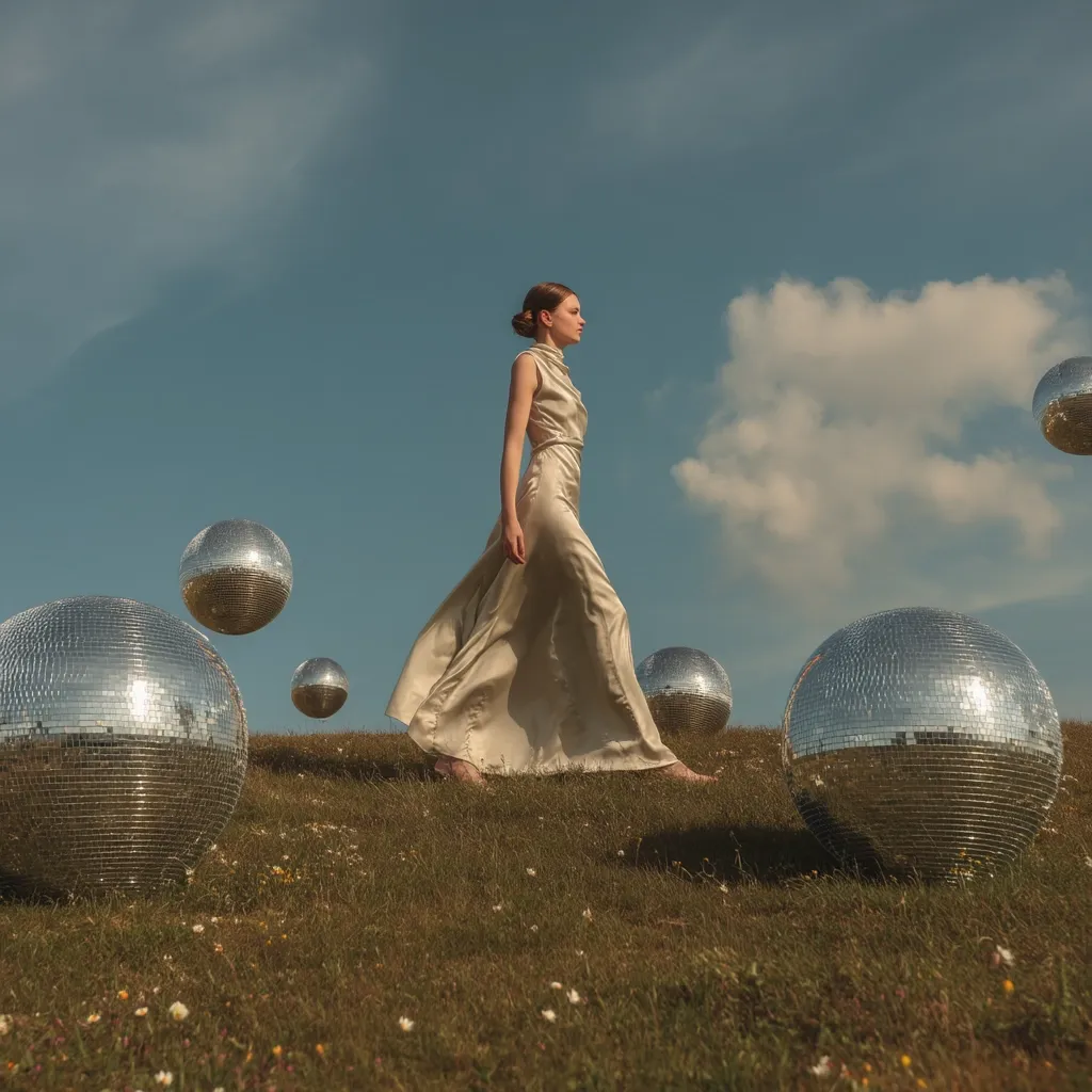 A woman in a flowing champagne-colored gown walks across a grassy hill dotted with large disco balls. The sky is a vibrant blue with fluffy white clouds. The scene is surreal and evokes a sense of carefree elegance.  The contrast between the soft dress and the mirrored spheres creates a striking visual effect. The overall mood is dreamy and ethereal.
