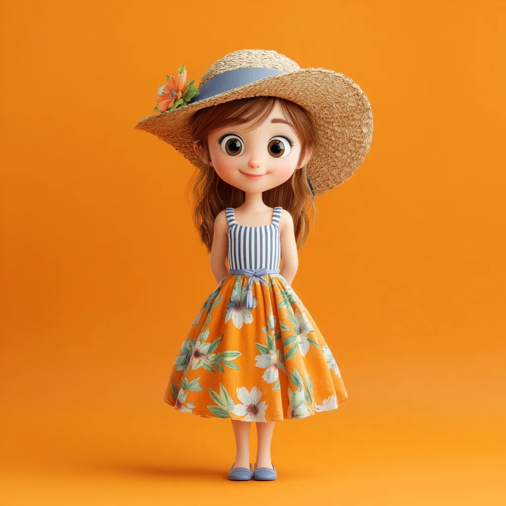 A charming 3D-rendered girl doll stands against a vibrant orange backdrop. She's adorned in a stylish orange floral dress, paired with a blue and white striped bodice.  A wide-brimmed straw hat, embellished with a flower, completes her summery ensemble.  Her large eyes and sweet expression add to her endearing appeal. The overall image is bright, cheerful, and evokes a sense of summer fun.