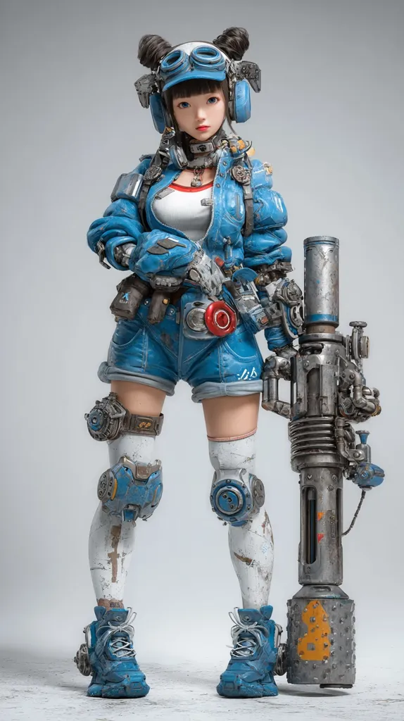 A digital rendering of a female character in a futuristic, distressed blue jumpsuit and protective gear.  She has pigtails, goggles, and kneepads. The character holds a large, metallic, seemingly powerful weapon, suggesting a soldier or mechanic role. The style is anime-inspired, with a blend of realistic and stylized elements, creating a visually striking image.  The overall aesthetic is post-apocalyptic or cyberpunk.