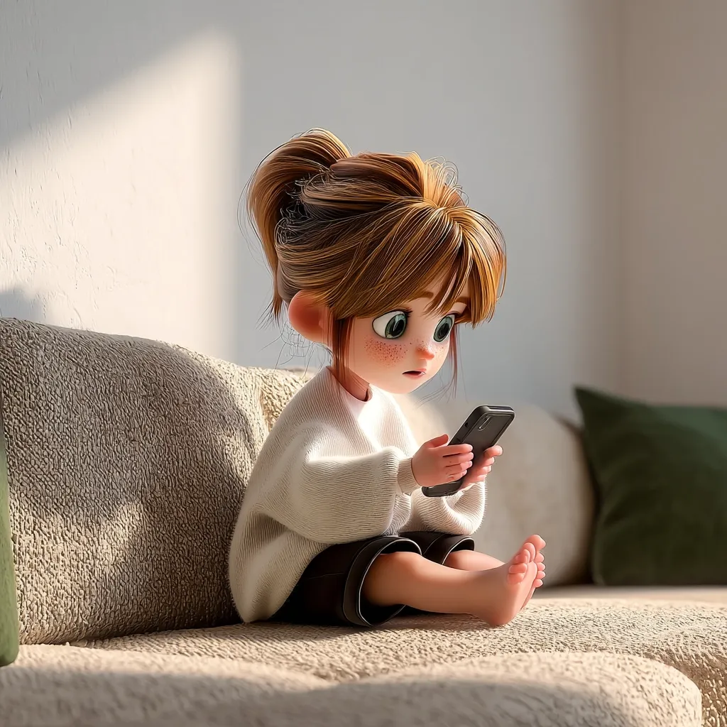 A cute, stylized 3D rendering of a little girl with brown hair in pigtails sits on a beige couch, intently looking at a smartphone.  She's wearing a cream-colored sweater and dark shorts. The scene is softly lit, creating a warm and inviting atmosphere. The girl's expression is one of concentration or perhaps slight worry.