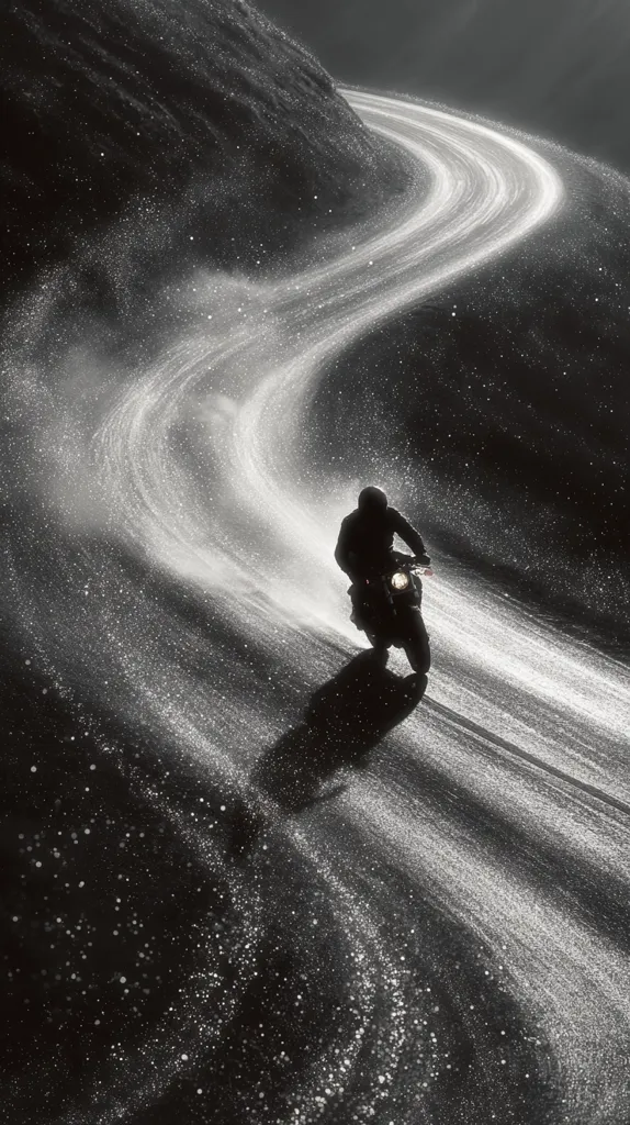 A lone motorcyclist navigates a winding, dark road. The road appears to be dusted with glittering particles, creating a surreal, almost cosmic atmosphere.  The rider's silhouette is stark against the bright streaks left by their passage, emphasizing the speed and isolation of the journey.  The monochrome palette enhances the dramatic lighting and the sense of movement.