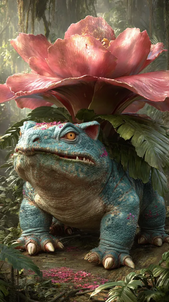 A large, reptilian creature, teal and textured, sits beneath a giant, vibrant pink flower in a lush, jungle setting.  The creature's skin shows hints of pink, matching the fallen petals scattered on the forest floor.  The scene evokes a fantastical, almost mythical atmosphere, suggesting a creature of legend within a dense, overgrown environment.  The lighting is soft and atmospheric, highlighting the detail of both the creature and the flora.