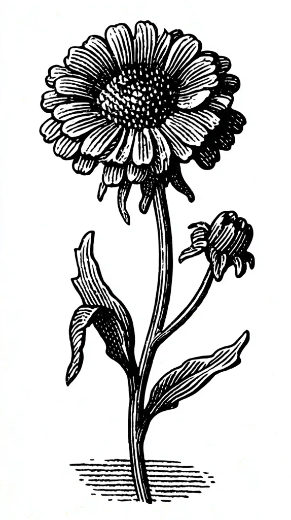 A black and white illustration of a single calendula flower.  The flower is depicted in full bloom, with detailed petals and a central disc floret.  A smaller, unopened bud is visible on the stem. The leaves are elongated and slightly serrated. The style is reminiscent of botanical illustration from the late 19th or early 20th century.  The flower sits atop a simple ground line.
