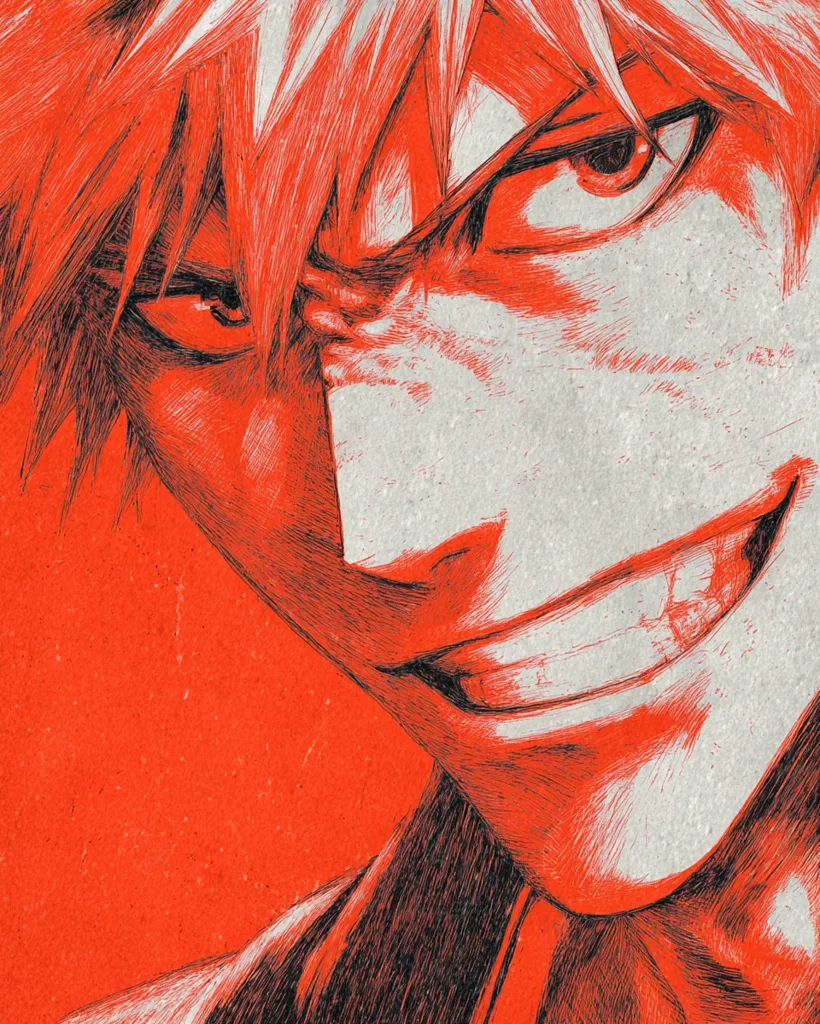 A close-up, stylized illustration of a man's face, possibly an anime character.  His fiery orange hair frames a sharp, intense gaze and a sinister grin, revealing teeth. The image uses a textured, almost scratchy line style, with a predominantly red and grey color palette, creating a gritty, dramatic effect.  The style evokes power and menace.