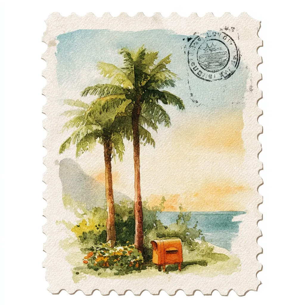 A vintage-style postage stamp depicts a tranquil beach scene.  Two palm trees stand prominently near a small, orange mailbox.  The ocean stretches across the horizon under a soft, sunset sky.  A faded postmark is visible in the upper right corner, adding to the antique aesthetic. The watercolor painting style evokes a feeling of warmth and tropical relaxation.
