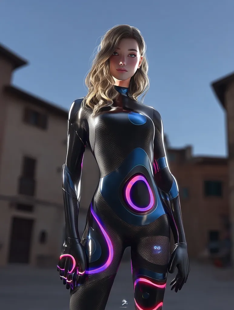 A digital rendering showcases a female figure in a sleek, dark bodysuit adorned with vibrant neon pink and blue accents.  The suit has a futuristic, possibly technological, design. Her blonde hair is styled in loose waves. She stands against a blurred backdrop of European-style buildings, creating a contrast between the futuristic attire and classical architecture. The overall aesthetic is one of science fiction and high fashion.