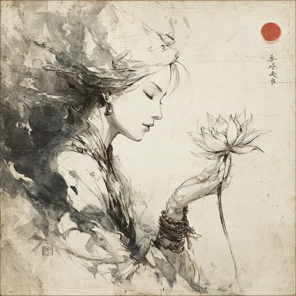 A monochromatic artwork depicts a serene woman, possibly of Asian descent, gently holding a lotus flower.  Her flowing hair and clothing are rendered in a style reminiscent of East Asian ink wash painting. The background is textured, suggesting aged paper, with a crimson circle and Asian calligraphy adding to the artistic ambiance. The overall mood is peaceful and contemplative.