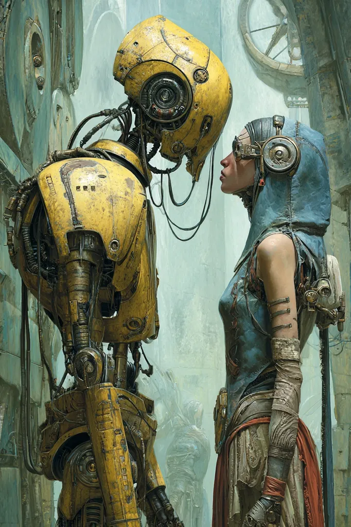 A weathered, yellow robot stands facing a woman in a blue hooded garment.  Their faces are close, suggesting intimacy or connection. The scene is set in a decaying, industrial environment with hints of other figures in the background.  The artwork showcases a blend of steampunk and futuristic elements, highlighting a poignant relationship between human and machine.  The color palette is muted, emphasizing the textures and details.