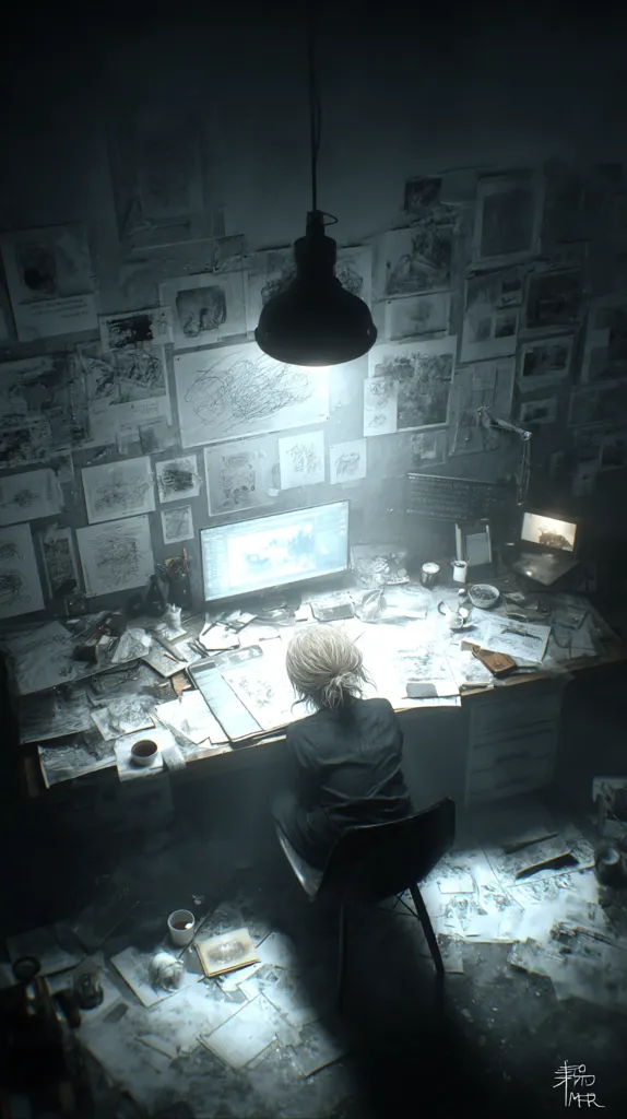A dimly lit room, cluttered with papers and sketches covering the walls and desk. A lone figure sits at a computer, bathed in the light of an overhead lamp, engrossed in their work. The atmosphere is one of focused concentration and quiet intensity, with a sense of mystery and intrigue emanating from the scene. The room's disarray suggests a long period of intensive work.